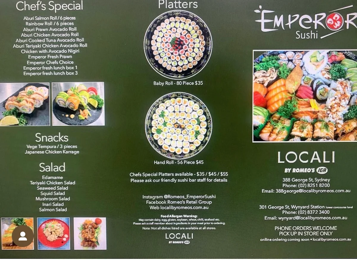 Menu, Emperor Sushi George Street