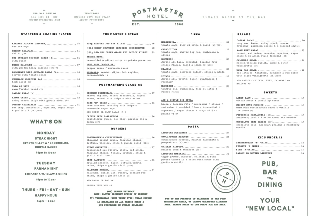 Menu, Postmaster Hotel