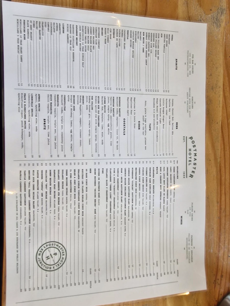 Menu, Postmaster Hotel