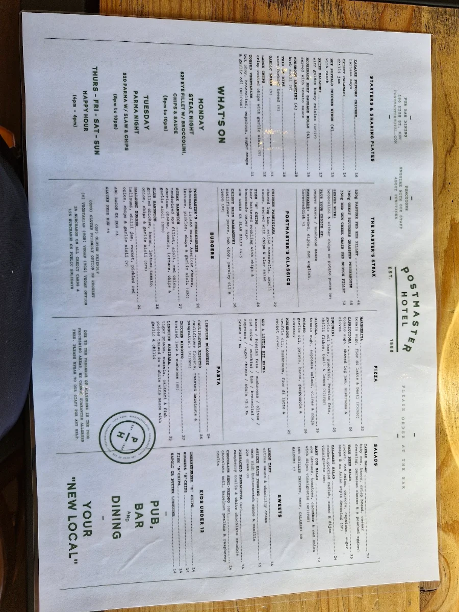 Menu, Postmaster Hotel