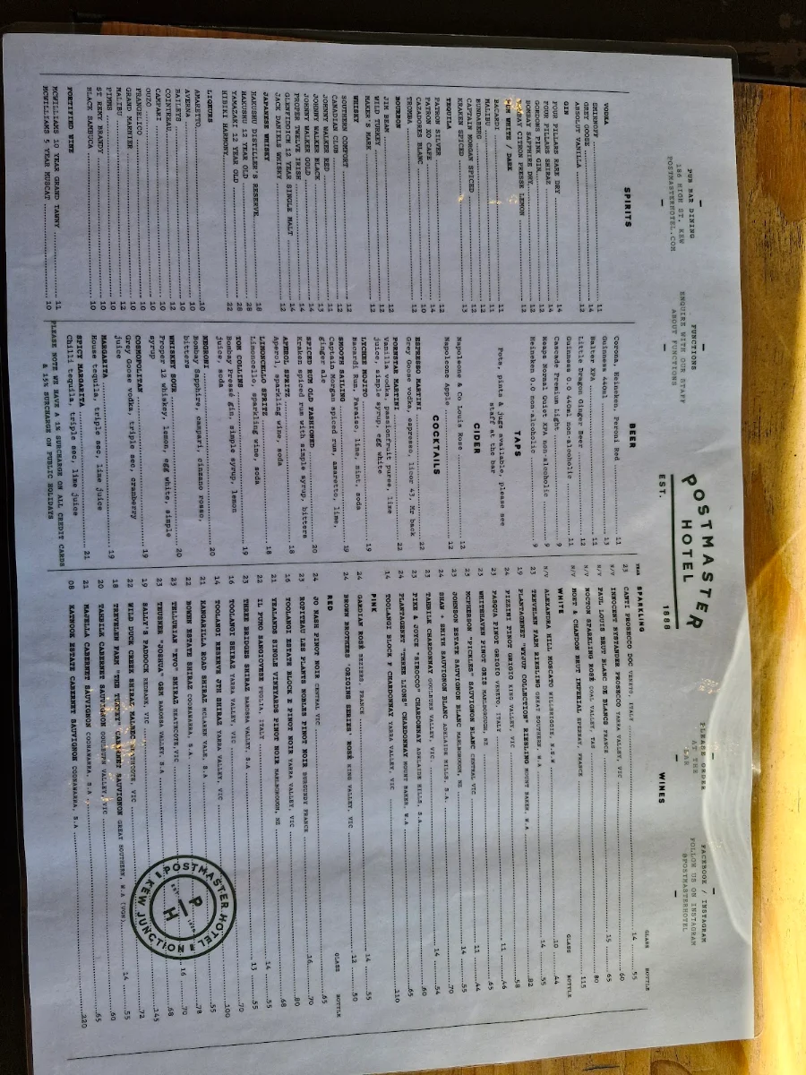 Menu, Postmaster Hotel