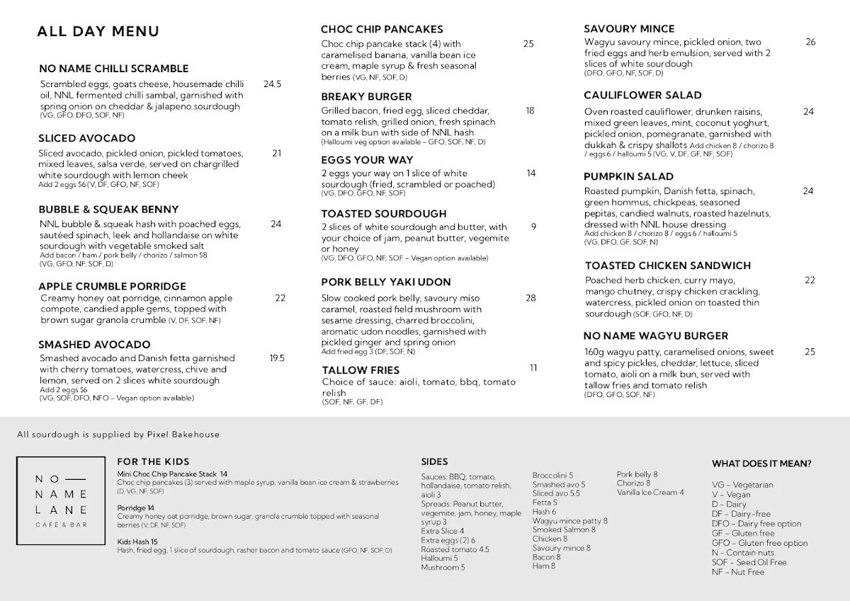 Menu, No Name Lane cafe & bar