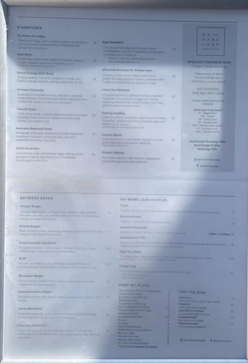 Menu, No Name Lane cafe & bar