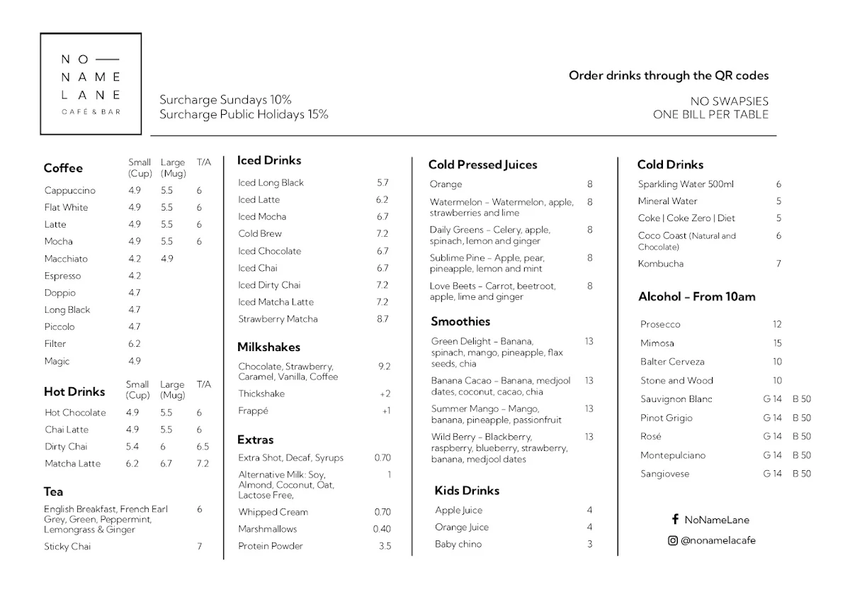 Menu, No Name Lane cafe & bar
