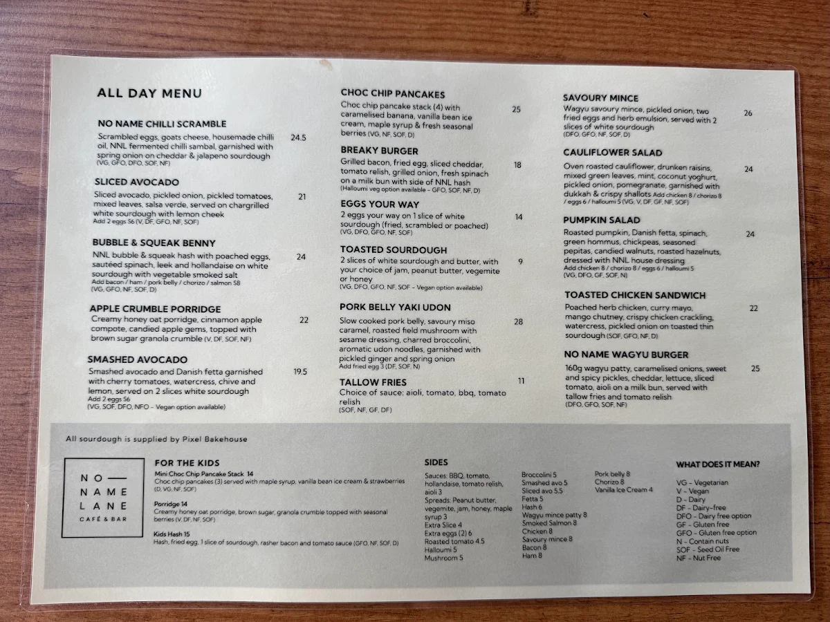 Menu, No Name Lane cafe & bar