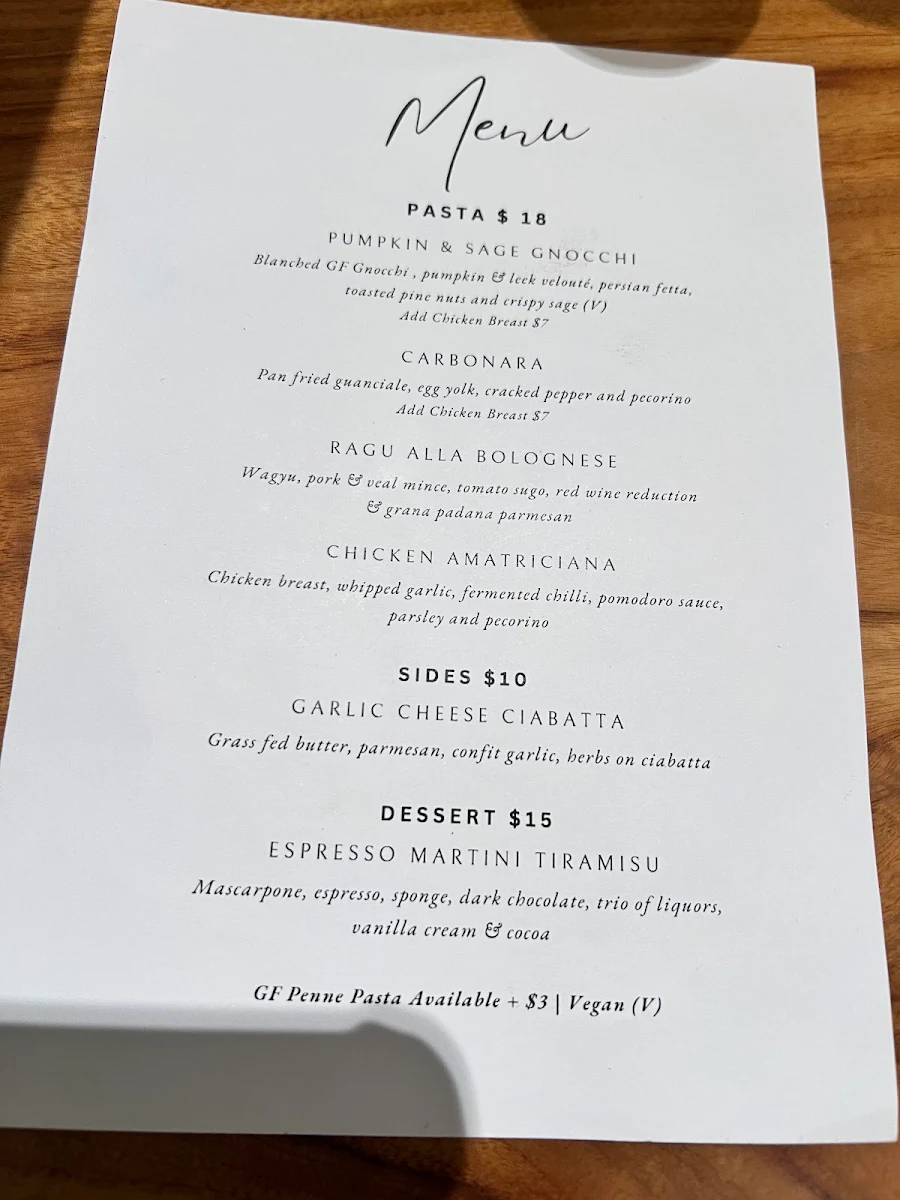 Menu, No Name Lane cafe & bar