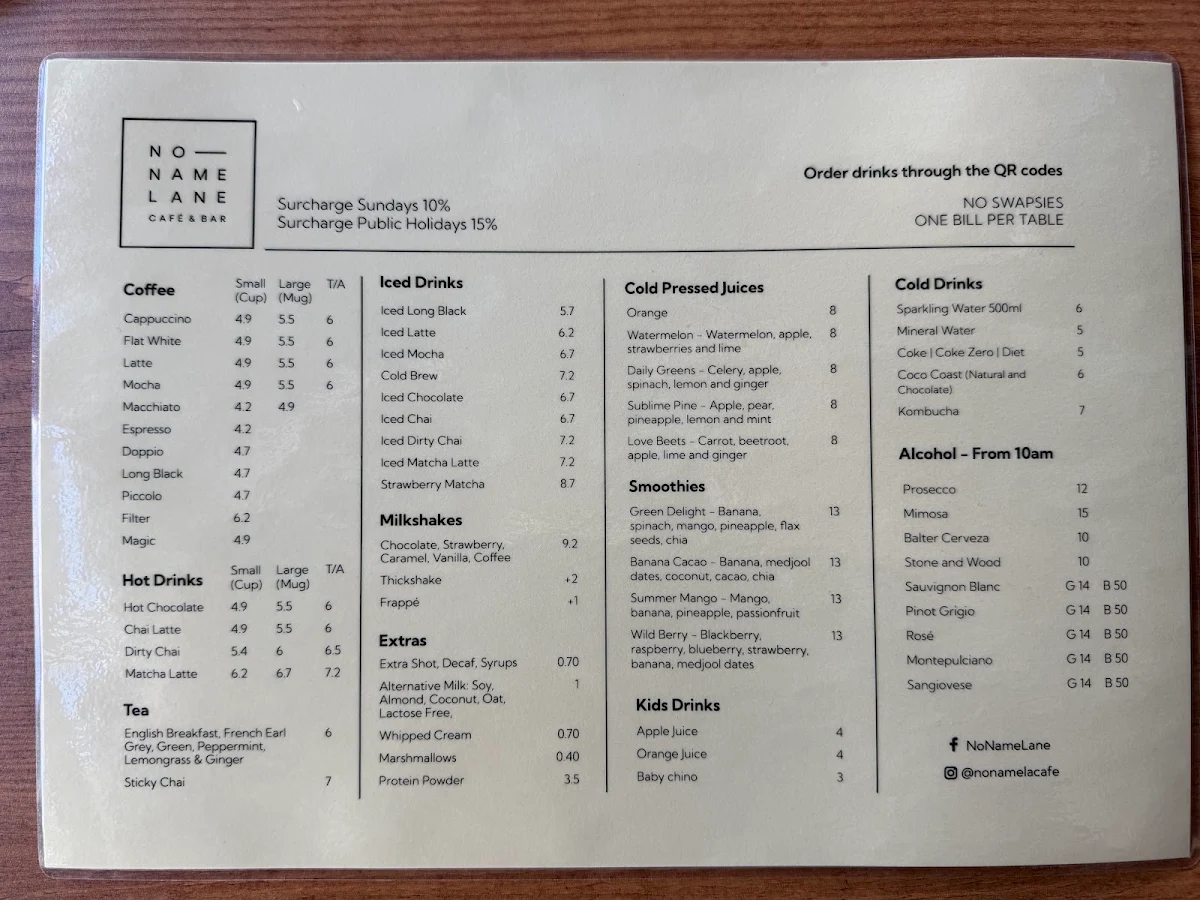 Menu, No Name Lane cafe & bar