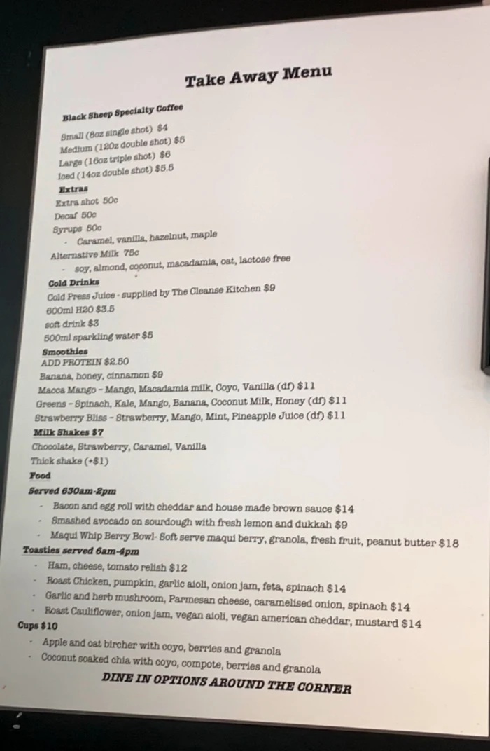 Menu, No Name Lane cafe & bar