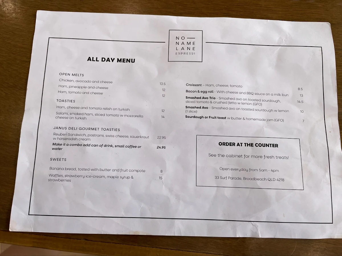 Menu, No Name Lane cafe & bar
