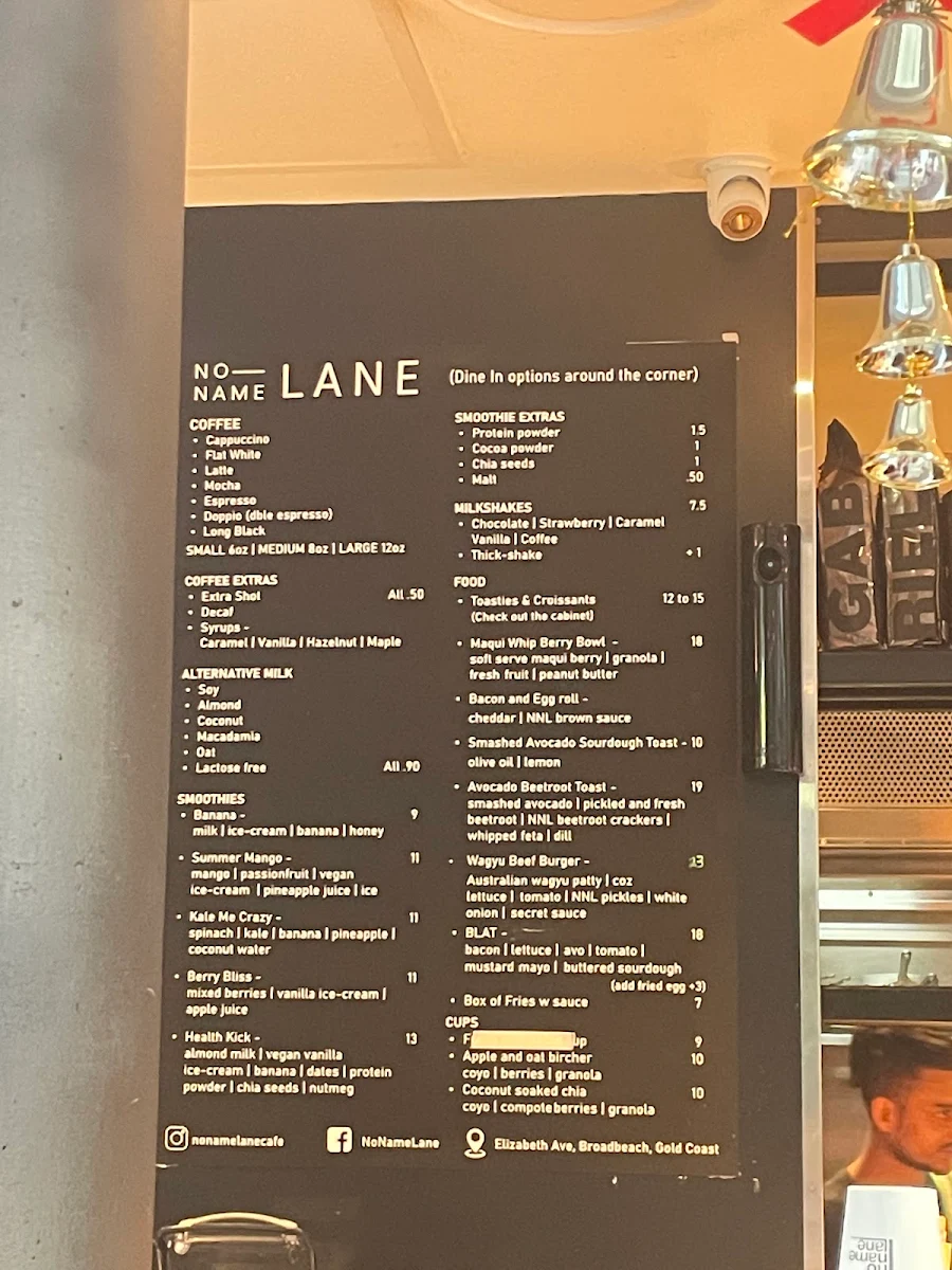 Menu, No Name Lane cafe & bar