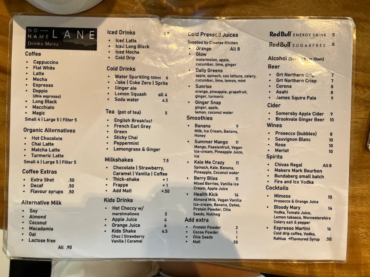 Menu, No Name Lane cafe & bar