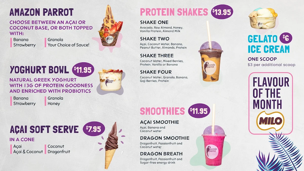 Menu, Purple Parrot Acai Liverpool