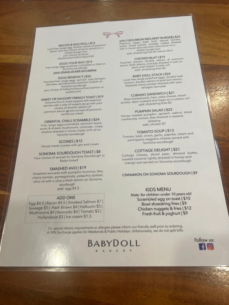 Menu, Baby Doll Bakery