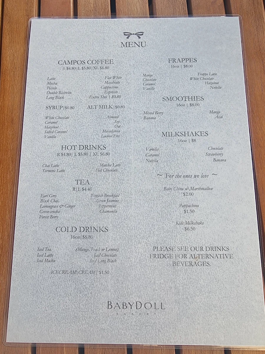 Menu, Baby Doll Bakery