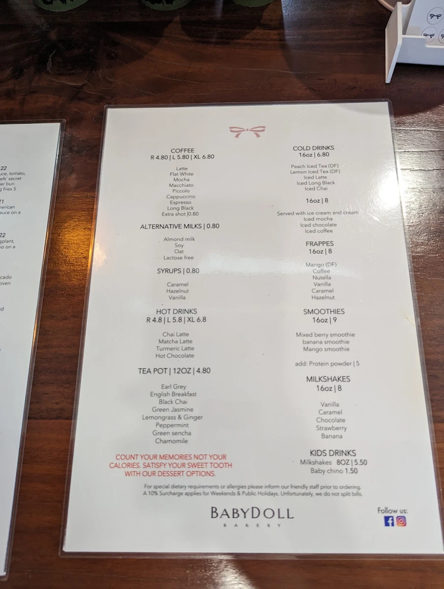 Menu, Baby Doll Bakery