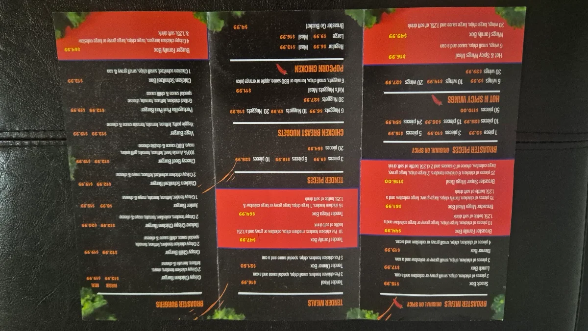 Menu, Broaster Chicken Camden