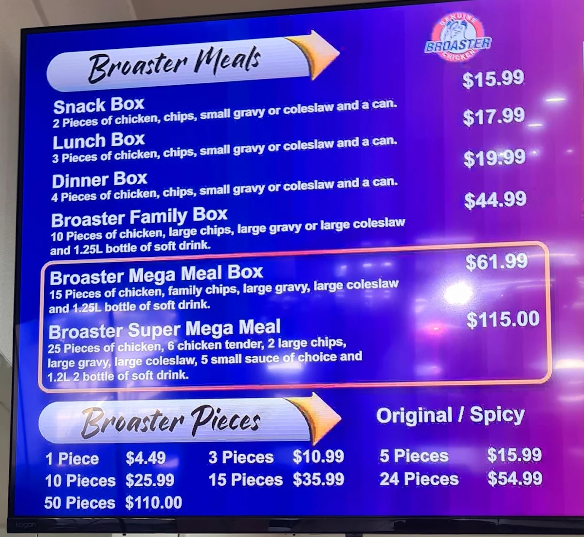 Menu, Broaster Chicken Camden