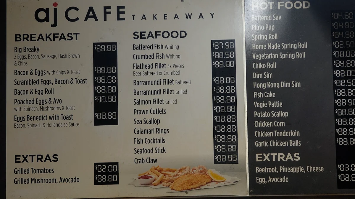 Menu, AJ's Cafe Take Away