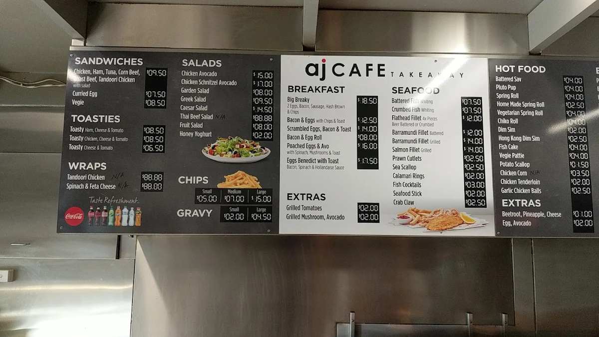 Menu, AJ's Cafe Take Away