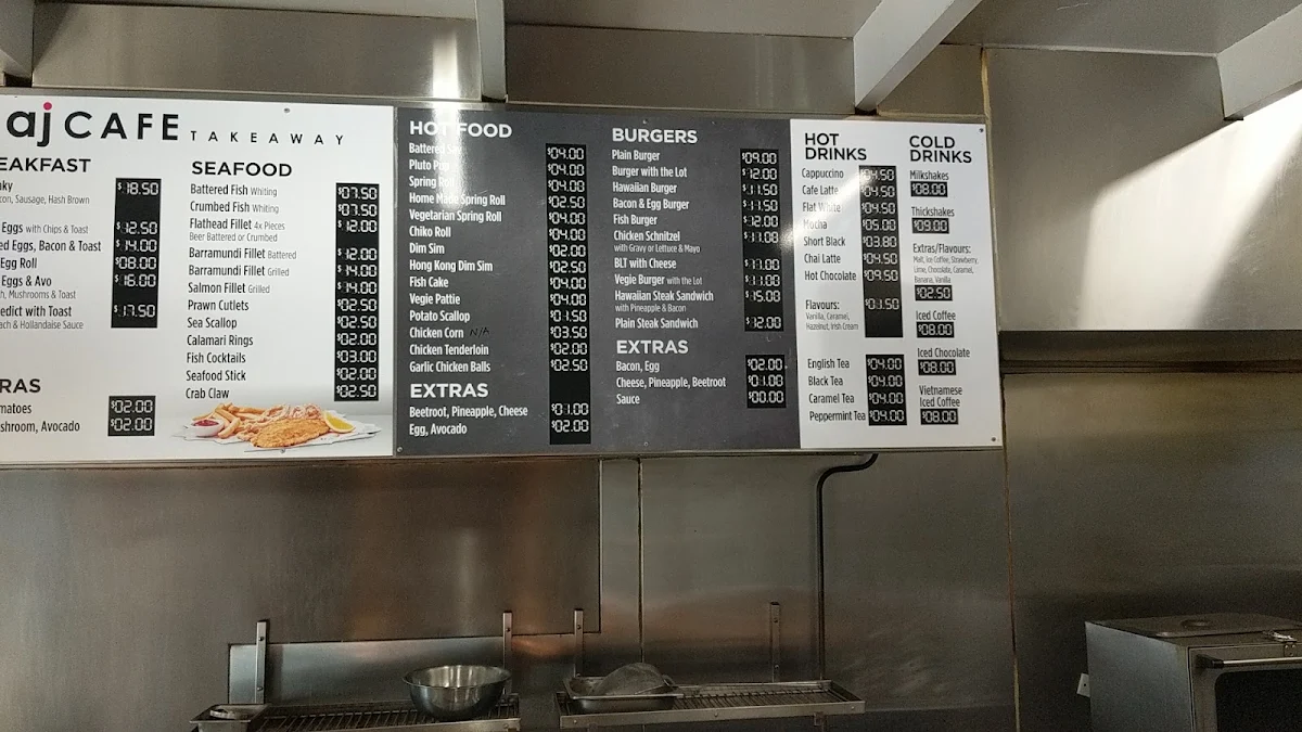 Menu, AJ's Cafe Take Away