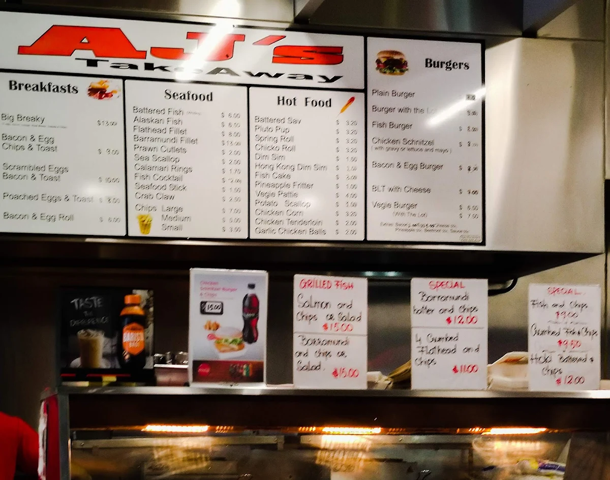 Menu, AJ's Cafe Take Away