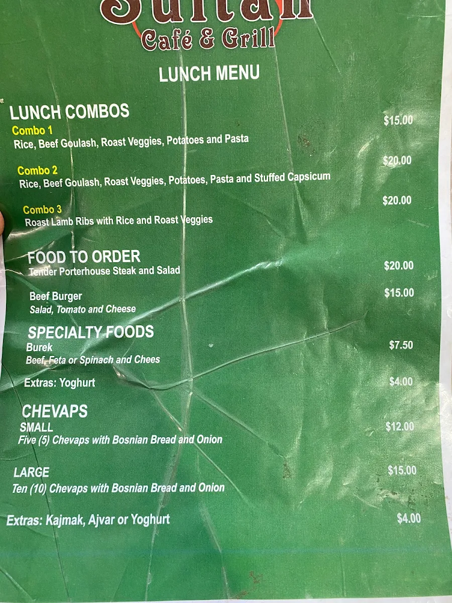 Menu, Sultan Cafe & Grill