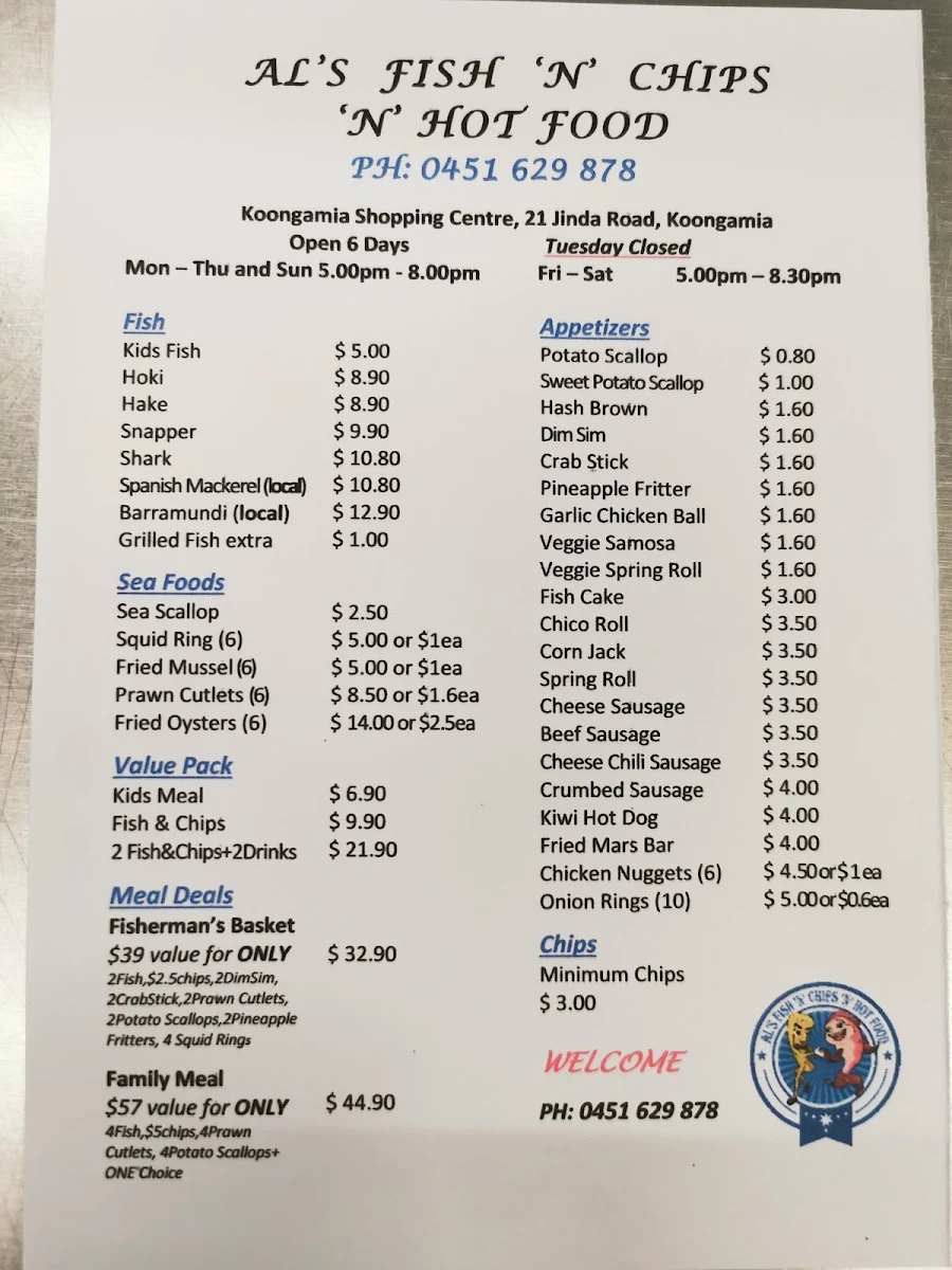 Menu, AL'S FISH N CHIPS N HOT FOOD