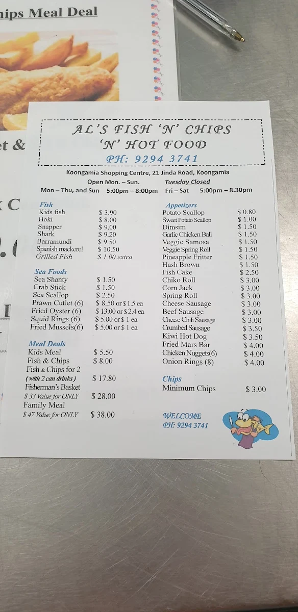 Menu, AL'S FISH N CHIPS N HOT FOOD