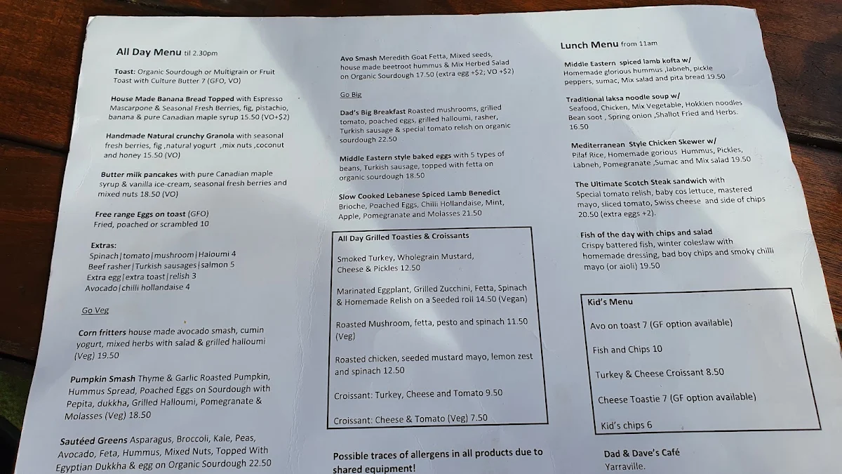 Menu, Dad and Dave's Cafe