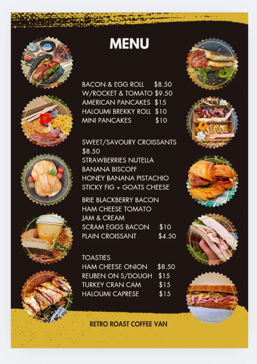 Menu, Retro Roast Coffee Van