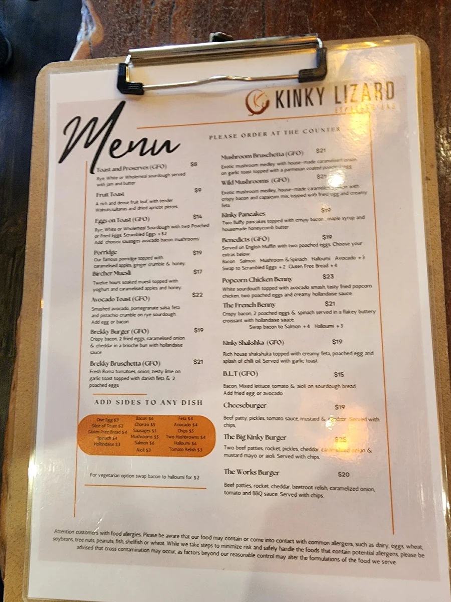 Menu, Kinky Lizard Cafe Espresso Bar