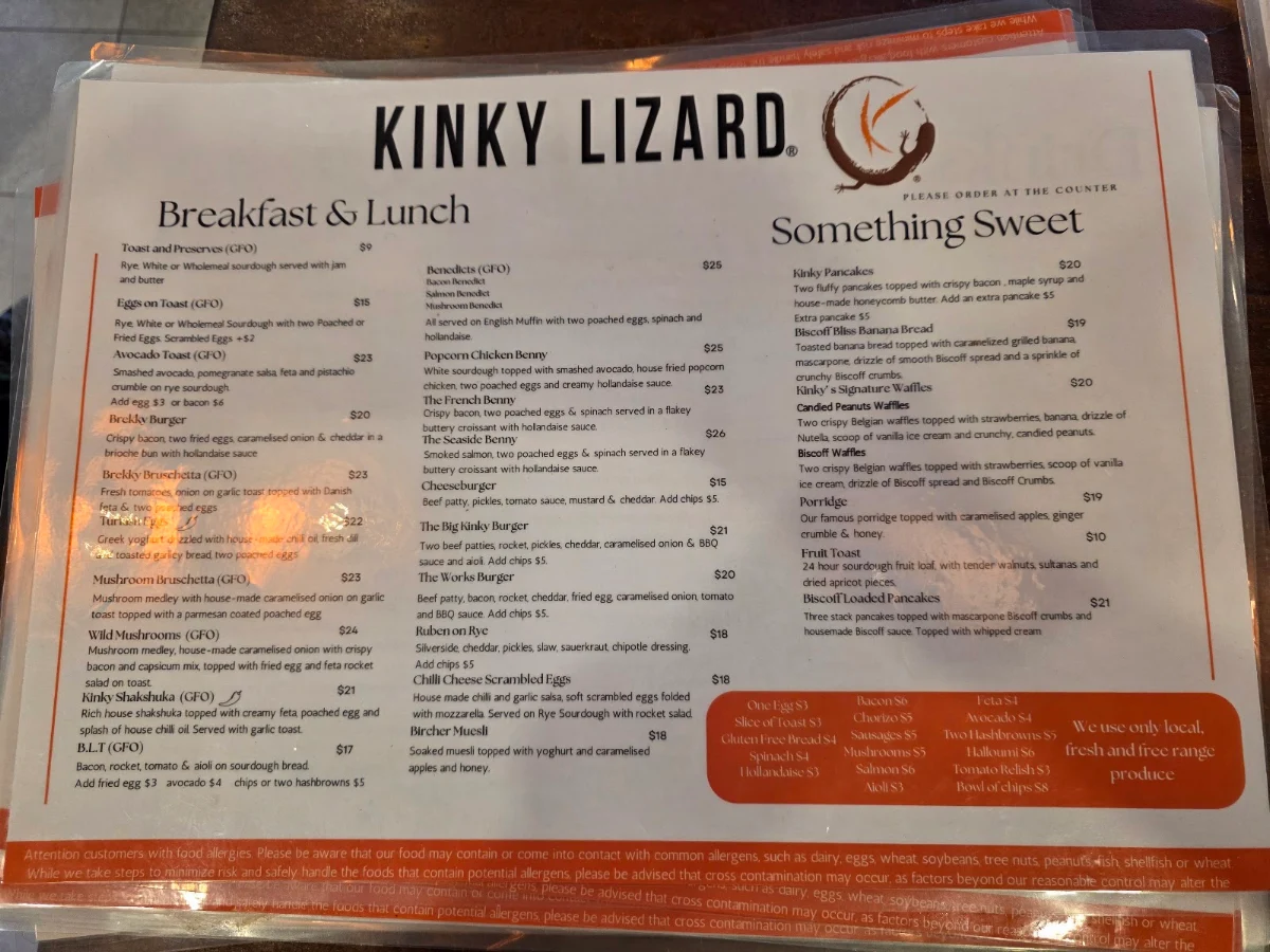 Menu, Kinky Lizard Cafe Espresso Bar