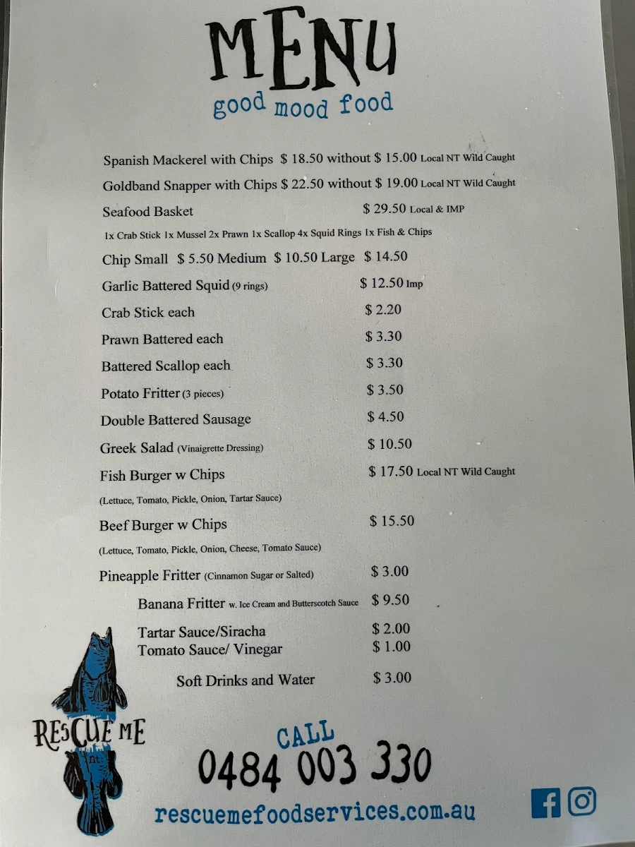 Menu, Rescue Me Food Services