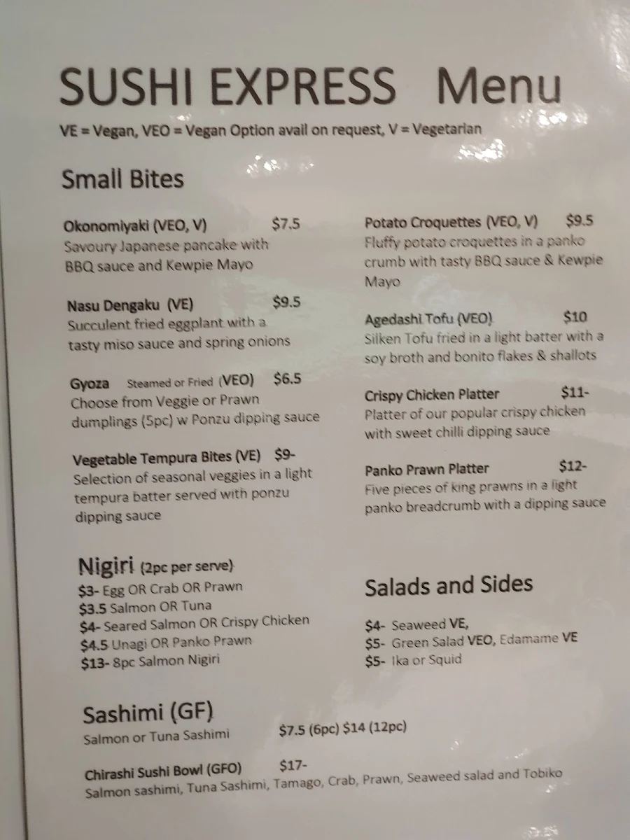 Menu, Mama Yama Sushi Express