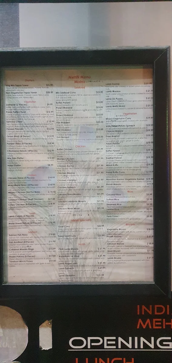 Menu, Indian Mehfil Restaurant Ipswich