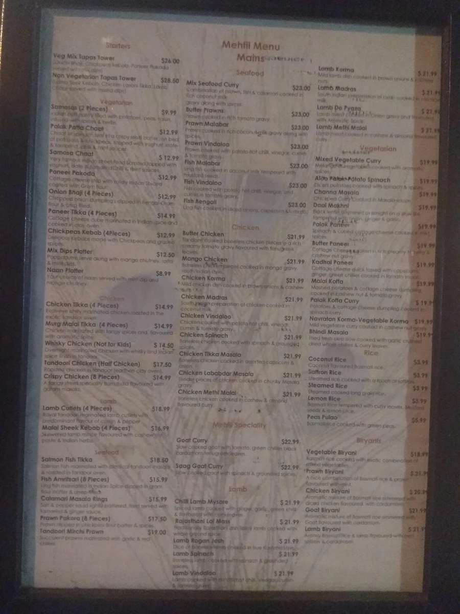 Menu, Indian Mehfil Restaurant Ipswich