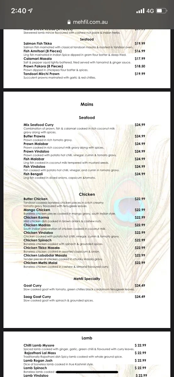Menu, Indian Mehfil Restaurant Ipswich
