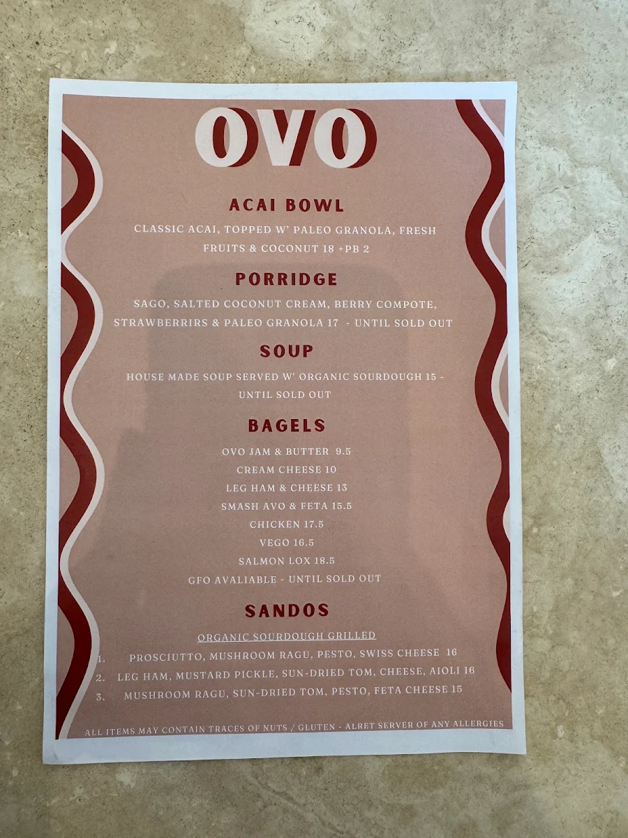 Menu, OVO - coffee & gelato