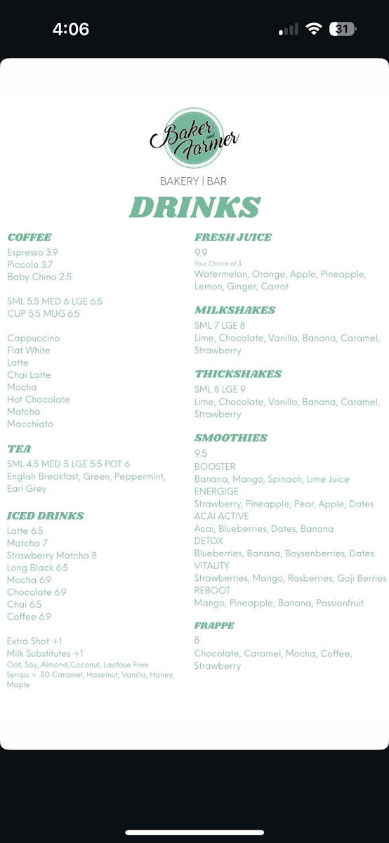 Menu, Baker & Farmer Bakery Bar