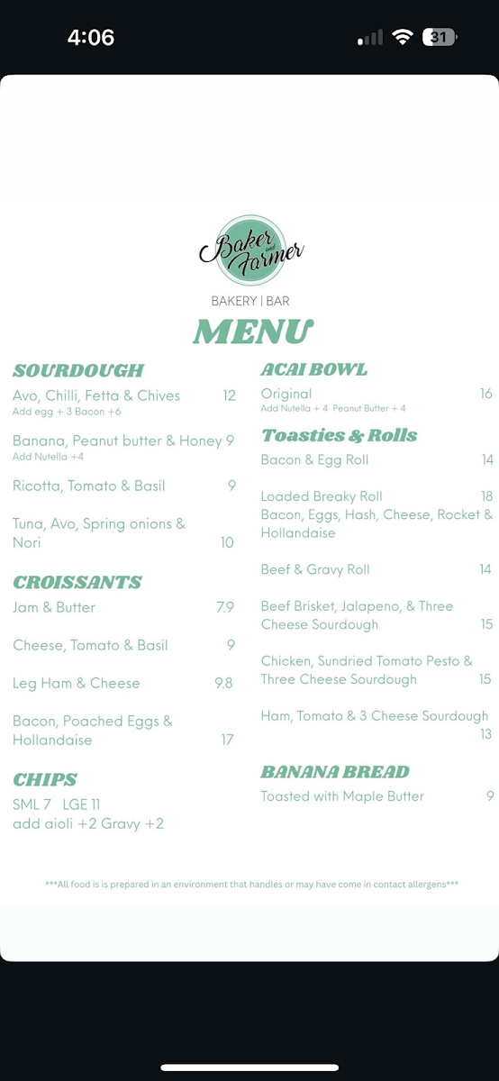Menu, Baker & Farmer Bakery Bar