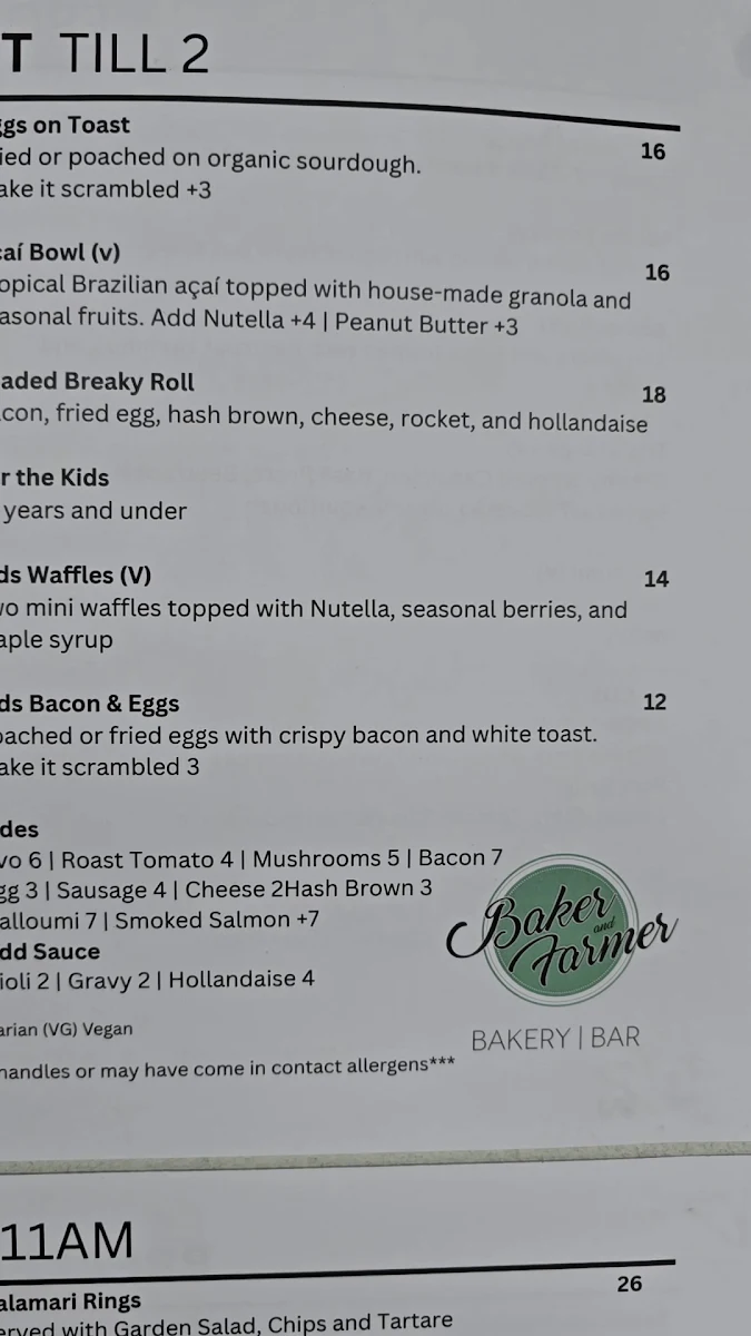 Menu, Baker & Farmer Bakery Bar