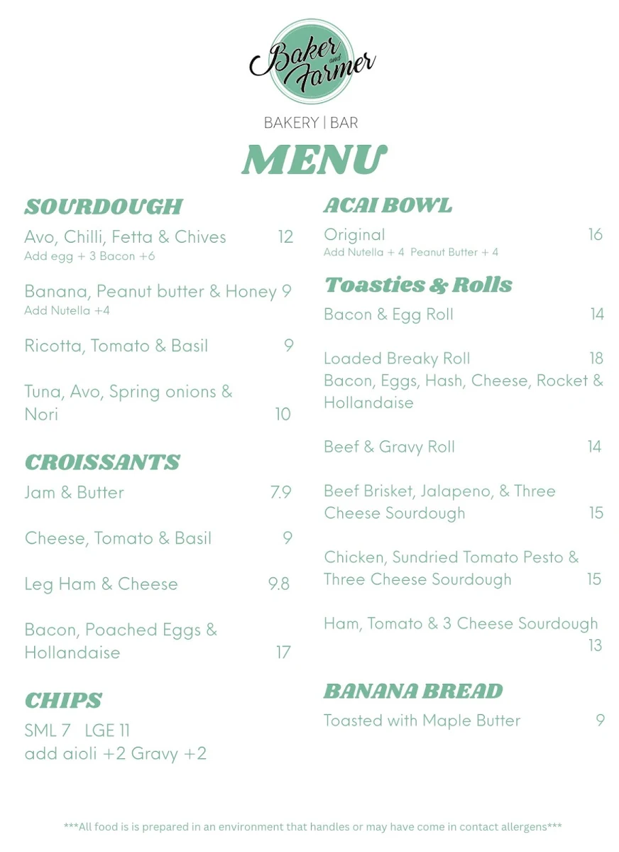 Menu, Baker & Farmer Bakery Bar