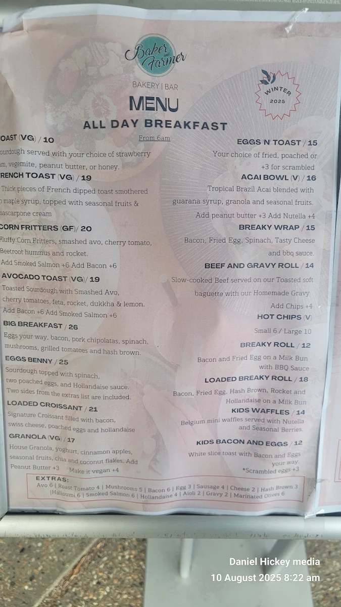 Menu, Baker & Farmer Bakery Bar