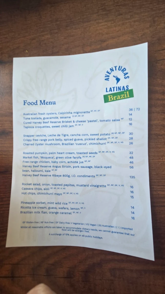 Menu, Indiana Cottesloe Beach