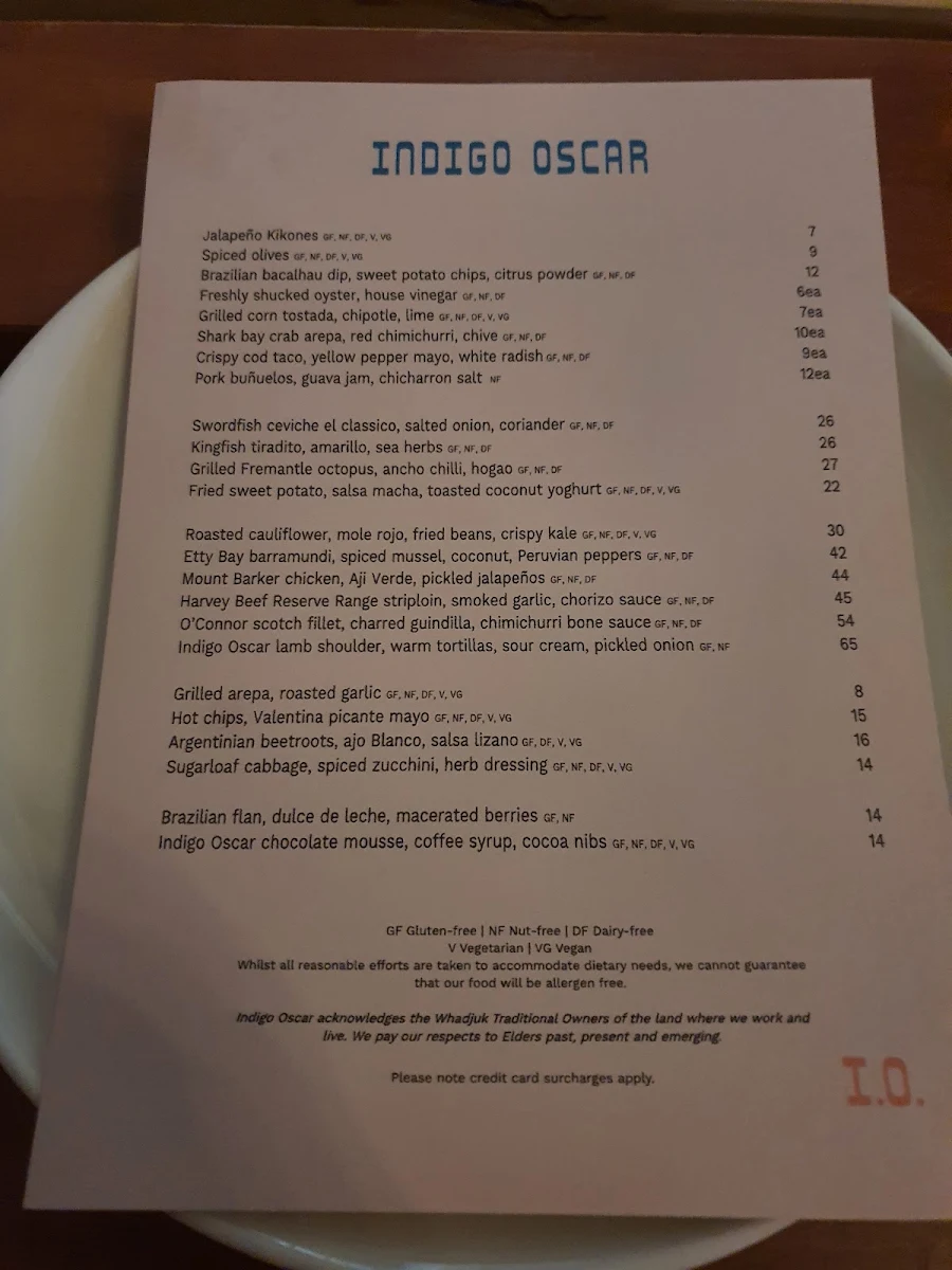 Menu, Indiana Cottesloe Beach