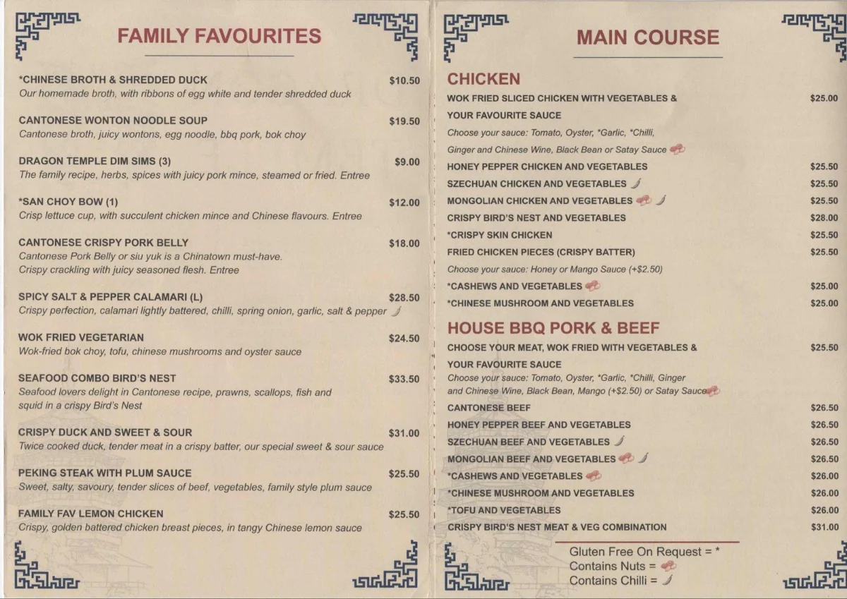 Menu, Dragon Temple