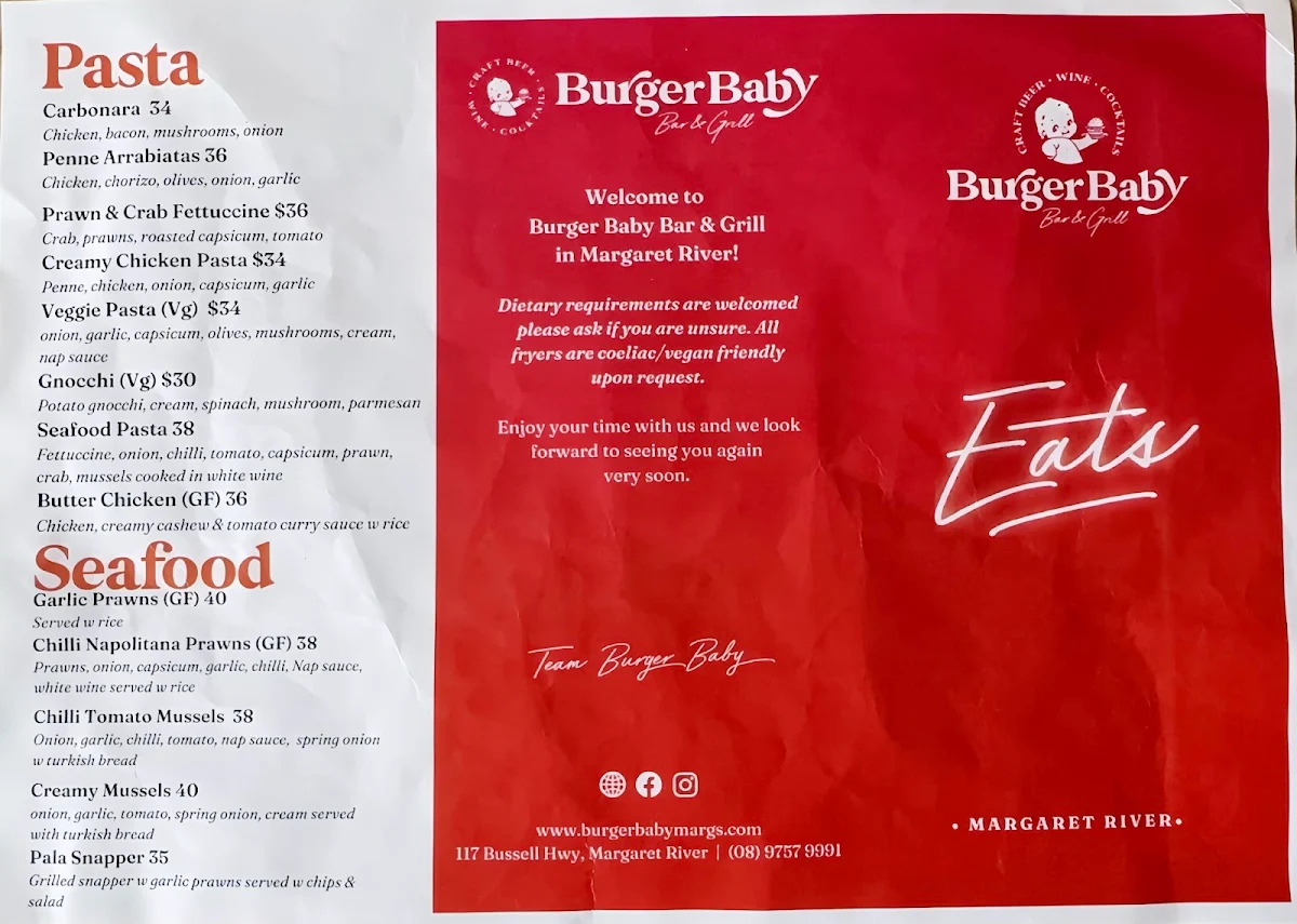 Menu, Burger Baby Margaret River