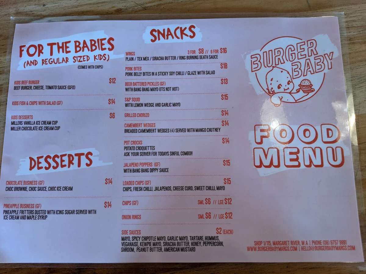 Menu, Burger Baby Margaret River