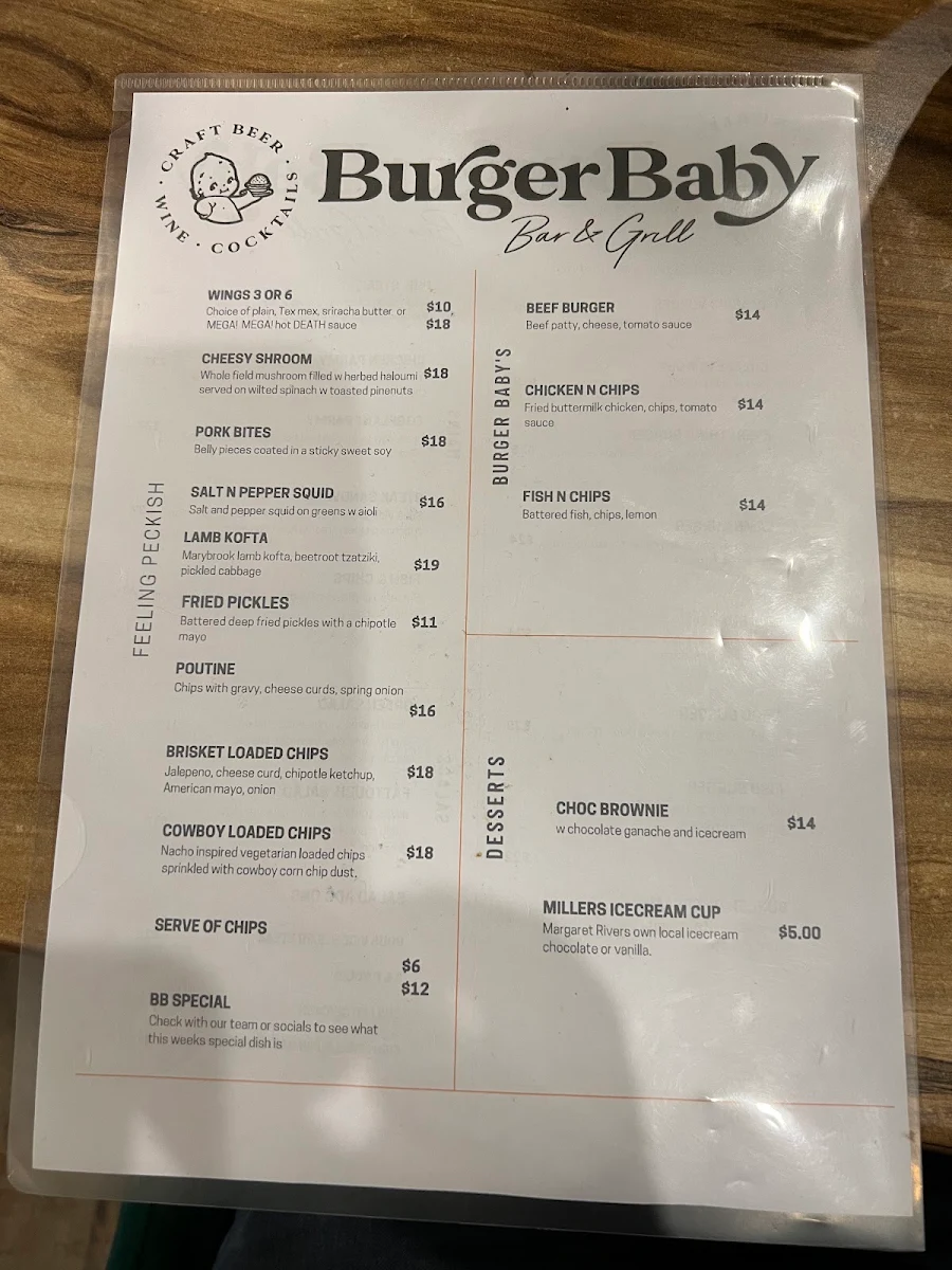 Menu, Burger Baby Margaret River