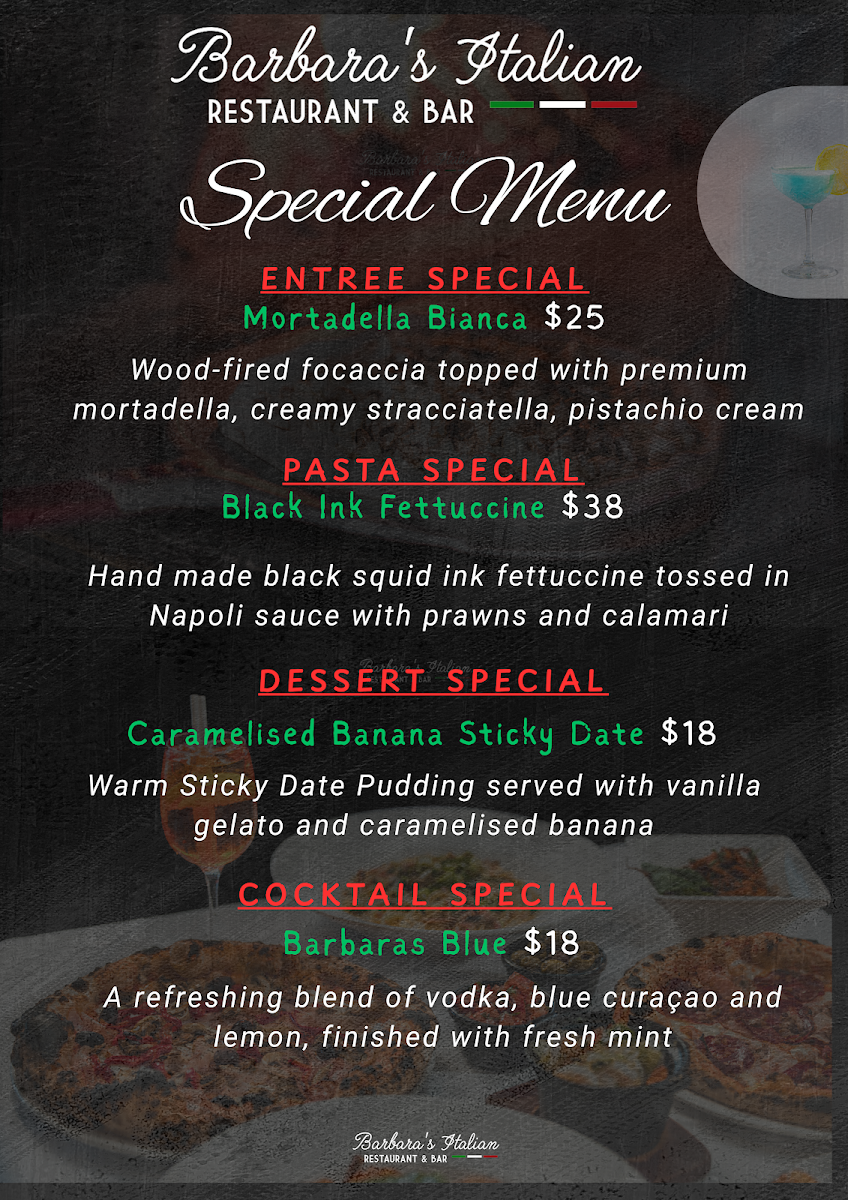 Menu, Barbara's Italian Restaurant